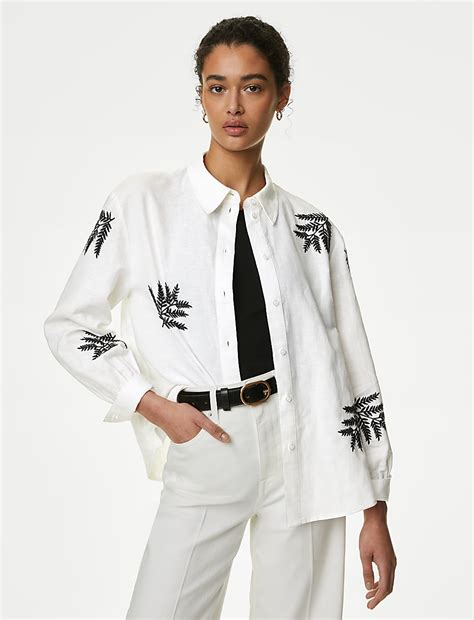 Buy Linen Rich Embroidered Collared Shirt at Marks & Spencer