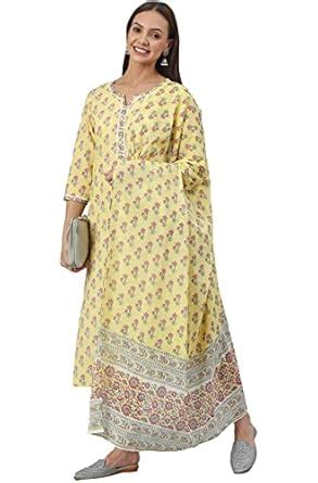 Buy Janasya Women's Yellow Cotton Floral Print Kurta with Pant and ...