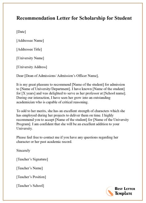 Recommendation Letter for Scholarship – Format, Sample & Example