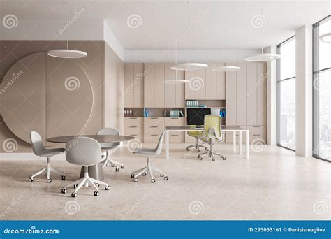 Stylish Office Workplace Interior with Pc Monitors on Table, Shelf and ...