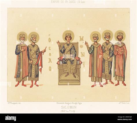 King Solomon on his throne with advisors in Byzantine costume, 11th ...