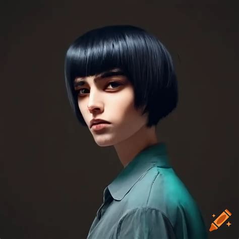 Man with disheveled bob hairstyle and aquamarine plaid shirt