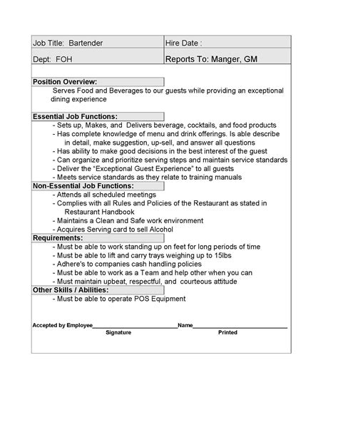 Bartender Job Description Form