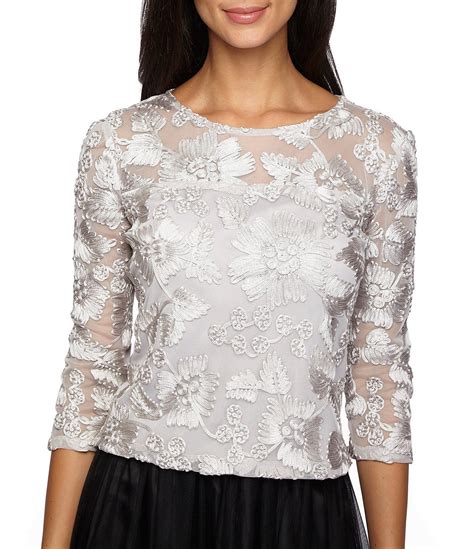Alex Evenings Illusion Crew Neck 3/4 Sleeve Embroidered Floral Lace Top ...