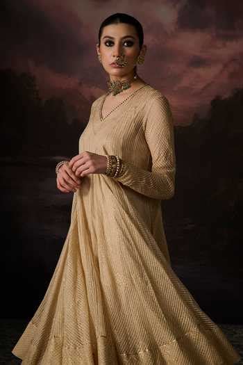 Buy Gold Embroidery V-neck Daania Stripe Woven Anarkali For Women by ...
