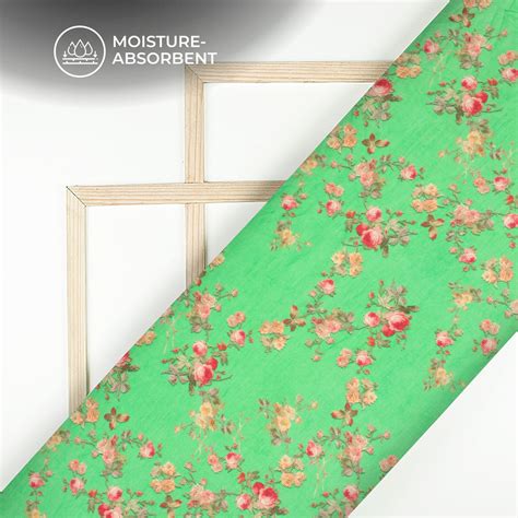 Cool Green Floral Digital Print Pure Cotton Mulmul Fabric – Fabcurate