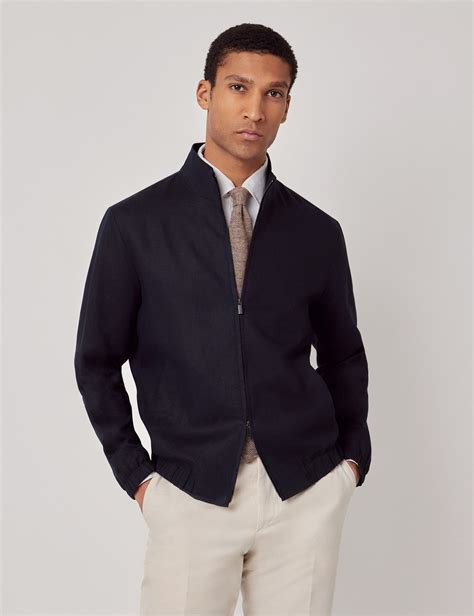 Men's Navy Linen Bomber Jacket | Hawes & Curtis