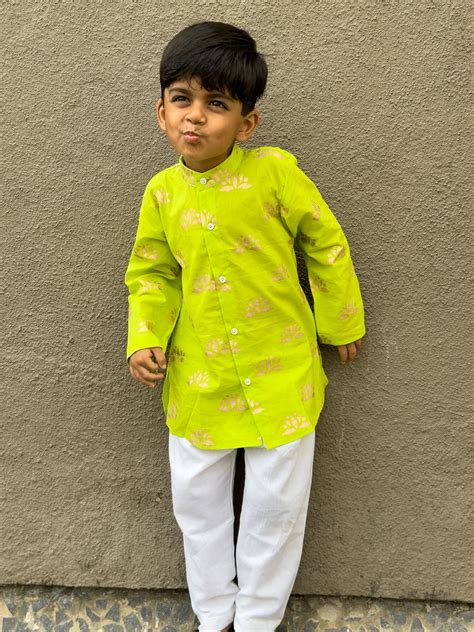 Neon Green Lotus Kurta Pajama Set – Yebbow