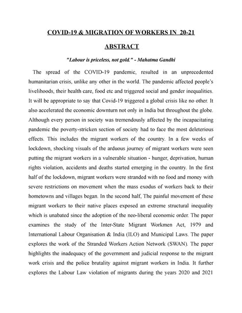 Covid-19 ^0 Migration of Workers - COVID-19 & MIGRATION OF WORKERS IN 20- ABSTRACT "Labour - Studocu