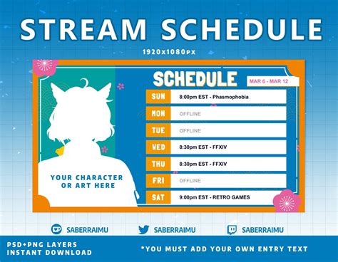 Stream schedule template cute bird and flowers blue and orange stream ...