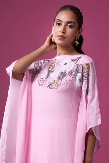 Buy Pink Silk Sequins, Beads Boat Neck Hand Embroidered Kaftan For ...