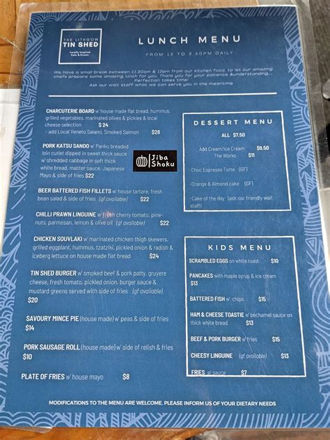 Carta del café The Lithgow Tin Shed, Lithgow, 69 Bridge St