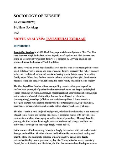 SOCIOLOGY OF KINSHIP (230296) BA Hons Sociology CA1: Jayeshbhai Jordaar ...
