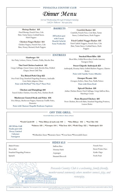 Menus - Pensacola Country Club
