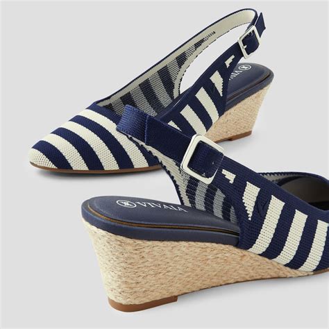 Almond-Toe Slingback Wedge Heeled Sandal in Navy Stripe Woven ...