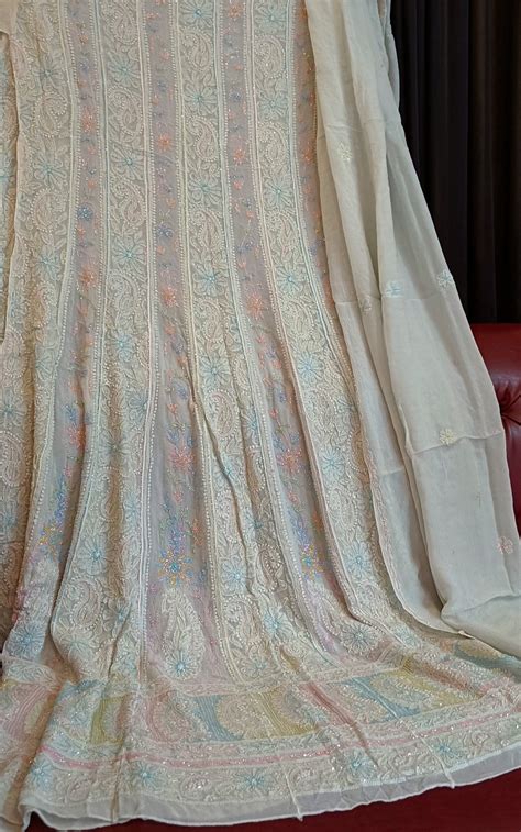 Mint Green Chikankari and Cut Dana Embroidered Anarkali with Dupatta