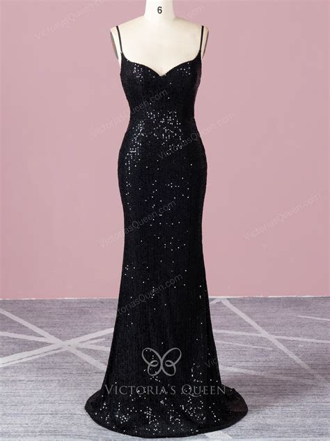 VQ Sparkly Black Stripe Sequin Thin Strap Sheath Prom Dress