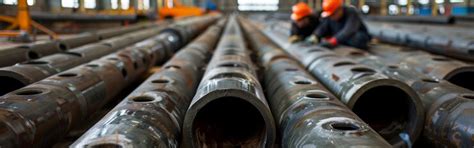 Rows of metal pipes lay on the floor of a factory while two technicians ...