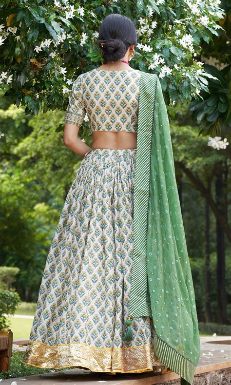 Kainaat - Green Block Printed V-Neck Blouse With Lehenga And Dupatta ...