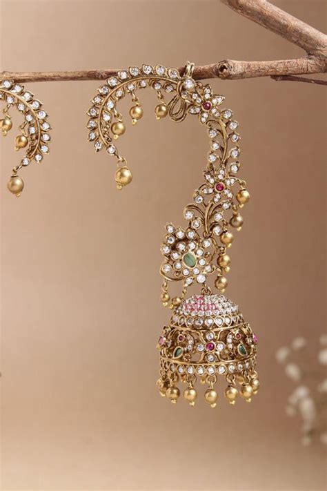 Floral Stone Earcuff with Jhumka - Black Finish - Kattam