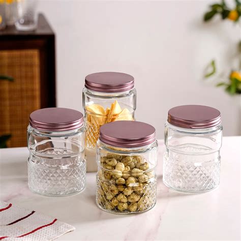 Embossed Glass Jar With Airtight Lid Set Of 4 750ml Online - Premium ...