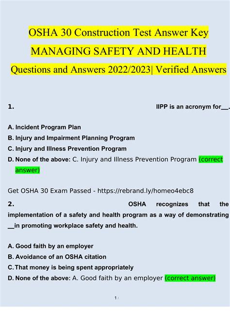 OSHA 30 Construction Test Answer Key MANAGING SAFETY AND HEALTH ...