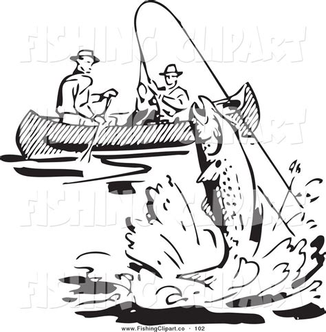 Clip Art of a Retro Black and White Men Fishing in a Boat, a Fish ...