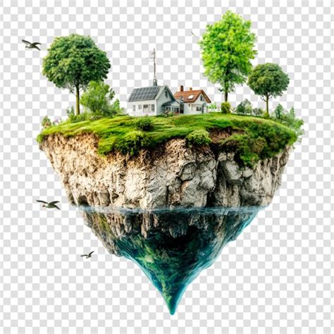 Floated green grass island with wind turbine and tree on a transparent ...