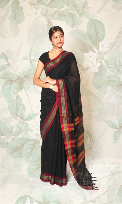 Black & Red Cotton Saree With Blouse Piece – Qala Elegant Tales