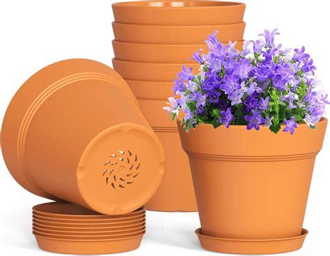 4 Inch Plastic Plant Pots with Drainage Holes and Trays - 8 Pack Small ...