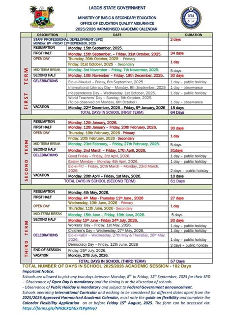 Lagos State School Calendar 2025/2026 Academic Session PDF