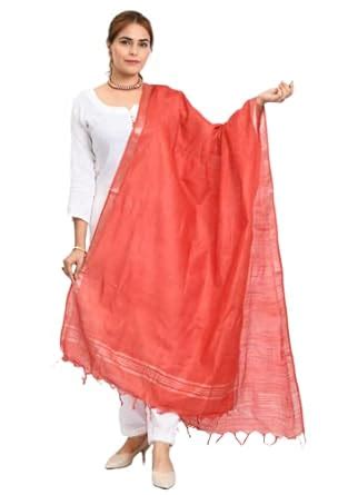 MOEZA Women's Red Woven Design Silver Border Cotton Linen Dupatta, Pack ...