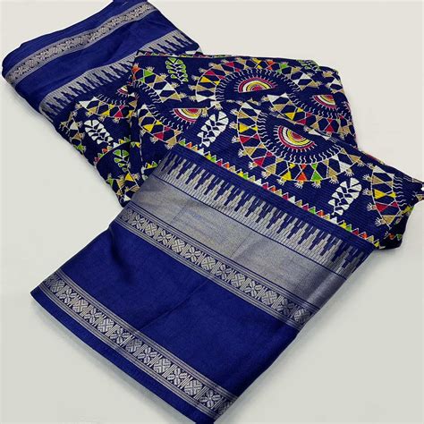 Purple Warli Printed Crepe Saree With Zari Border