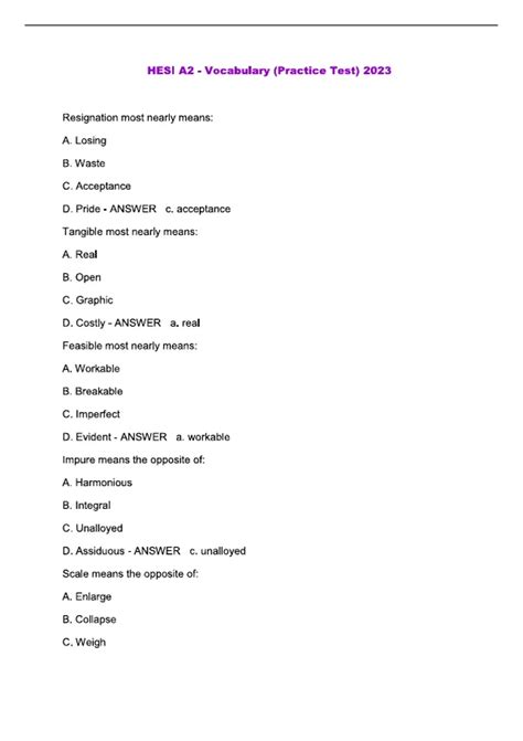 Hesi a2 vocabulary practice test Complete Solution - Hesi A2 - Stuvia US