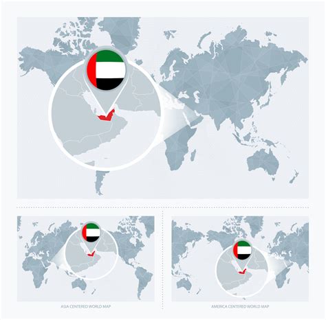 Magnified United Arab Emirates over Map of the World, 3 versions of the World Map with flag and ...