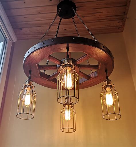 Rustic Lighting - Wagon Wheel Chandelier Industrial Pendant Light Wood ...