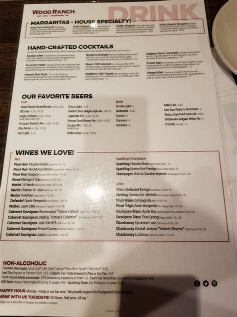 Menu at Wood Ranch restaurant, Los Angeles, 189 The Grove Dr