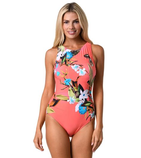 Jantzen Women's Botanical Beauty Farrah High Neck One Piece Swimsuit at ...