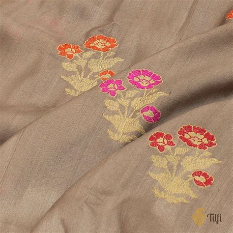 Taupe Gray Pure Tussar Georgette Silk Banarasi Handloom Saree - Tilfi
