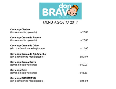 Carta del restaurante Cevichería Don Bravo, Arequipa