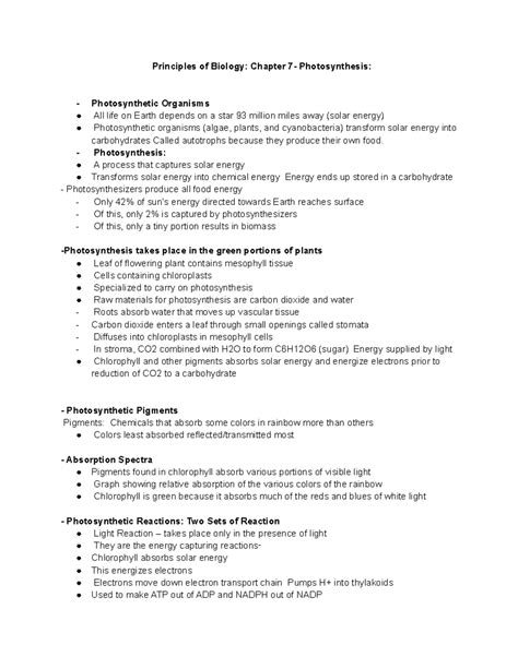 Principles of Biology Notes Chapter 7- Photosynthesis - Principles of Biology: Chapter 7- - Studocu