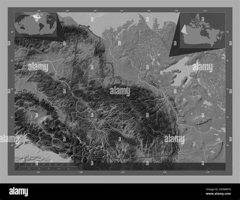 Yukon, territory of Canada. Bilevel elevation map with lakes and rivers. Corner auxiliary ...