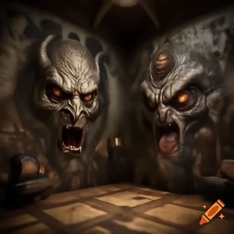 Realistic scary house with large room featuring demonic drawings on the ...