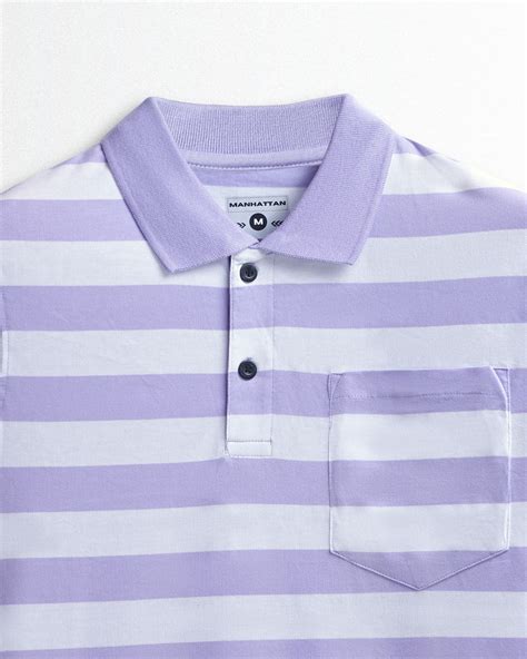 Premium Cotton Small Striped Polo Pocket (White/Lavender Stripes ...