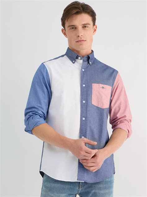 Shop Gant Men Blue Regular Fit Color Block Collar Neck Shirt Online