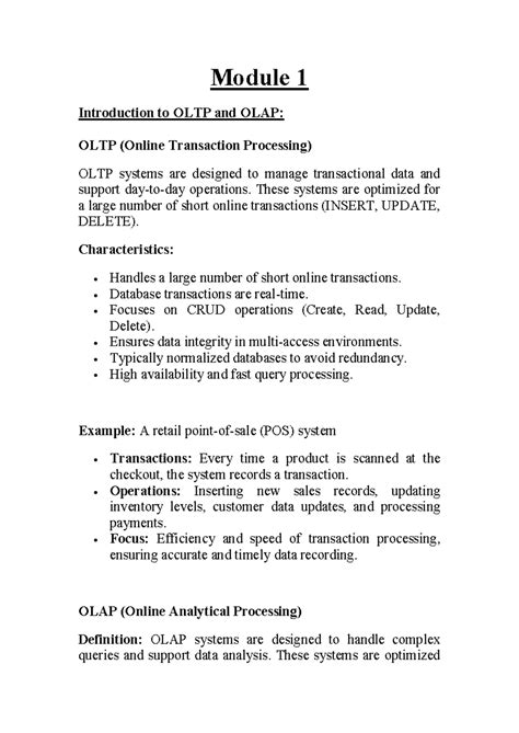 Module 1: Introduction to OLTP and OLAP in BI Systems - Studocu