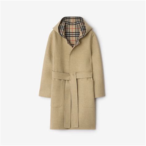 Reversible Wool Hooded Wrap Coat in Sand - Women | Burberry® Official