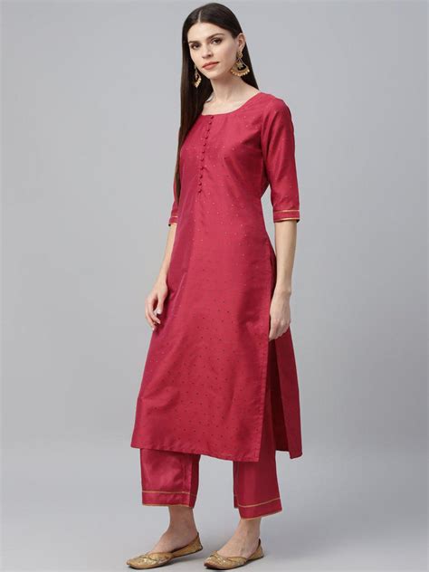 Buy Pink Self Design Polyester Straight Kurta With Palazzos & Dupatta ...