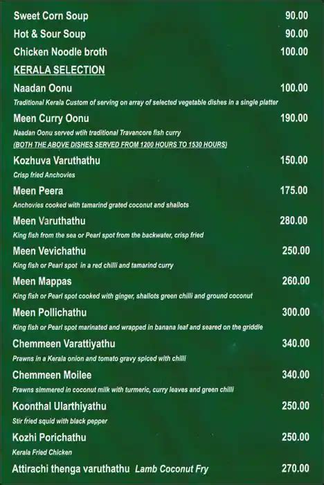 Menu at Rain Drops, Chennai