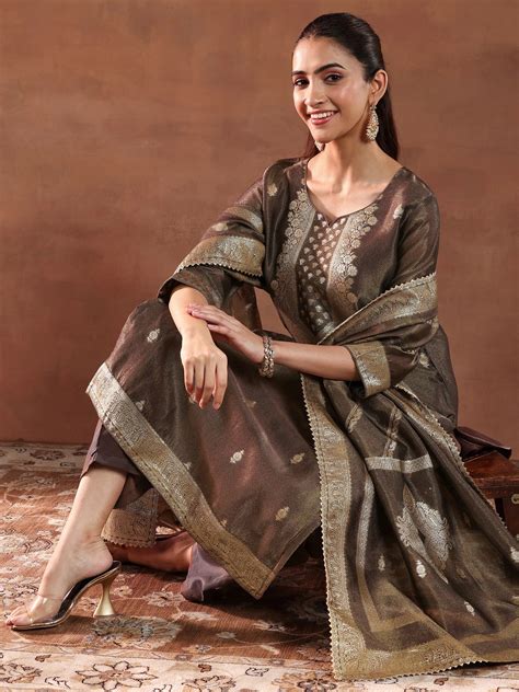 Buy Brown Woven Design Silk Blend Straight Suit With Dupatta Online at ...